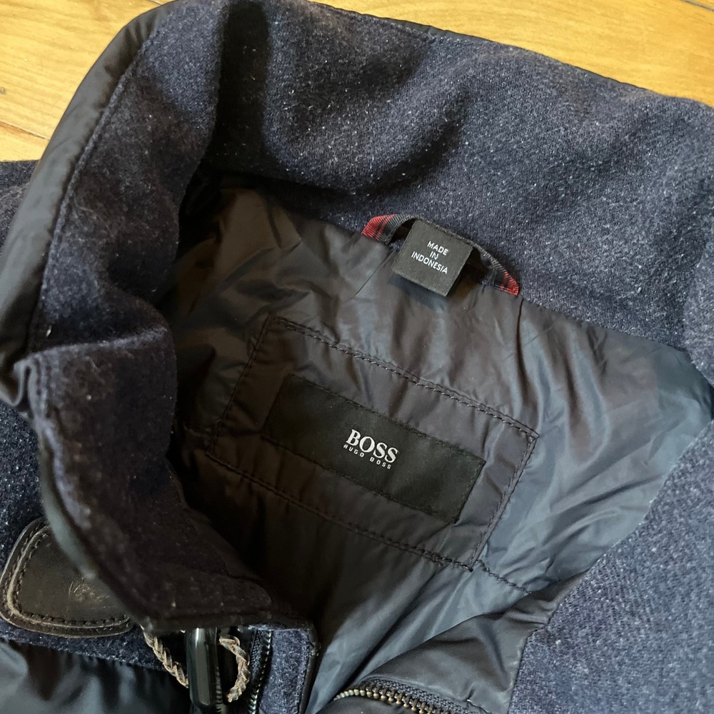 BOSS Hugo Boss Mens Navy Blue Mixed Media Toggle Puffer Jacket Coat Size M - Picture 4 of 9